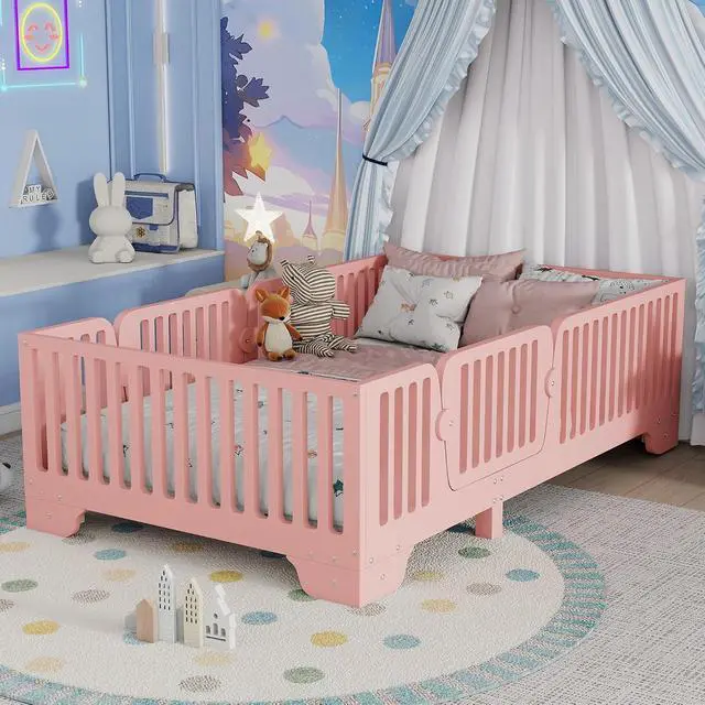 Alt view image 2 of 7 - Twin Size Floor Bed Frame with High Fence, Princess Montessori Wooden Bedframe with Doors, Boys Girls Single Bed with Safety Rail, No Box Spring Needed, Easy Assemble, Pink