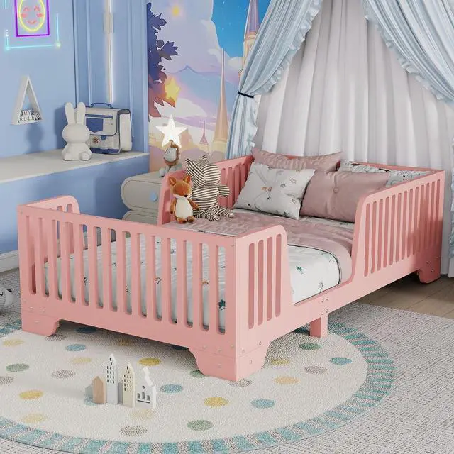 Main image of Twin Size Floor Bed Frame with High Fence, Princess Montessori Wooden Bedframe with Doors, Boys Girls Single Bed with Safety Rail, No Box Spring Needed, Easy Assemble, Pink