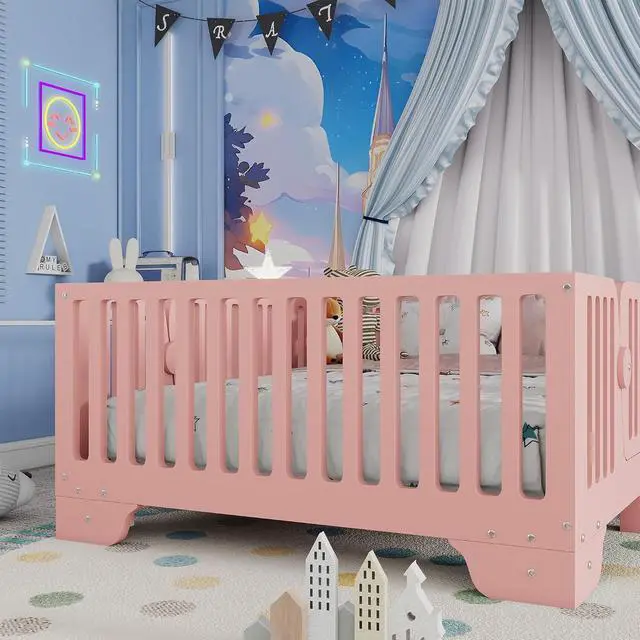 Alt view image 3 of 7 - Twin Size Floor Bed Frame with High Fence, Princess Montessori Wooden Bedframe with Doors, Boys Girls Single Bed with Safety Rail, No Box Spring Needed, Easy Assemble, Pink