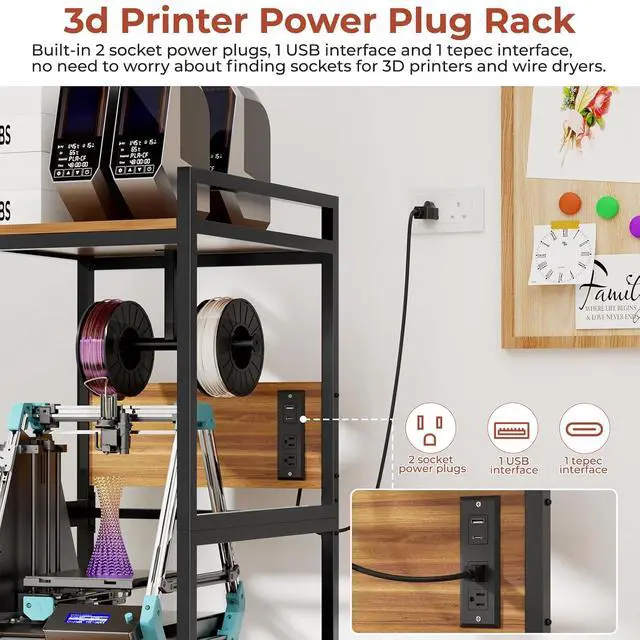 Alt view image 4 of 7 - 3D Printer Stand with Filament Storage, Heavy-Duty 3D Printer Table with Power Panel, Metal Frame and MDF Desktop, T-Shaped Filament Rack, Accessories for Printing Studio, Home Office Workshop
