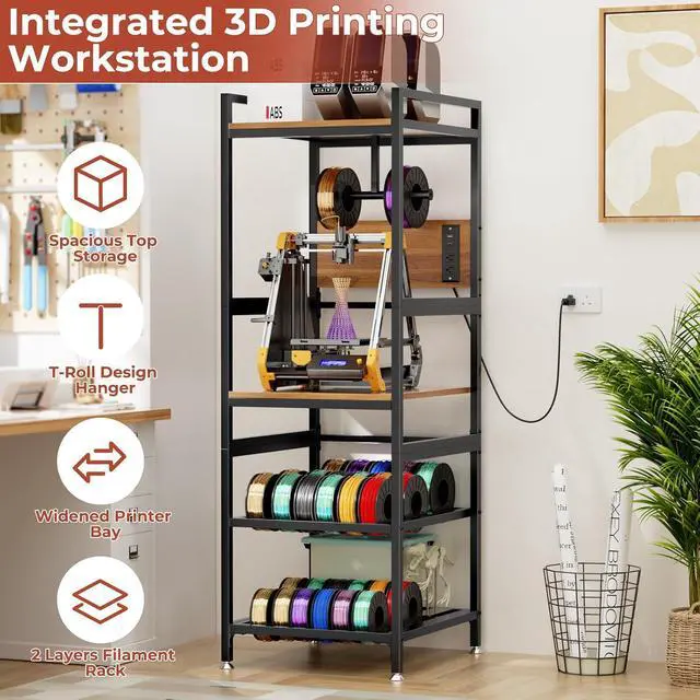 Alt view image 7 of 7 - 3D Printer Stand with Filament Storage, Heavy-Duty 3D Printer Table with Power Panel, Metal Frame and MDF Desktop, T-Shaped Filament Rack, Accessories for Printing Studio, Home Office Workshop