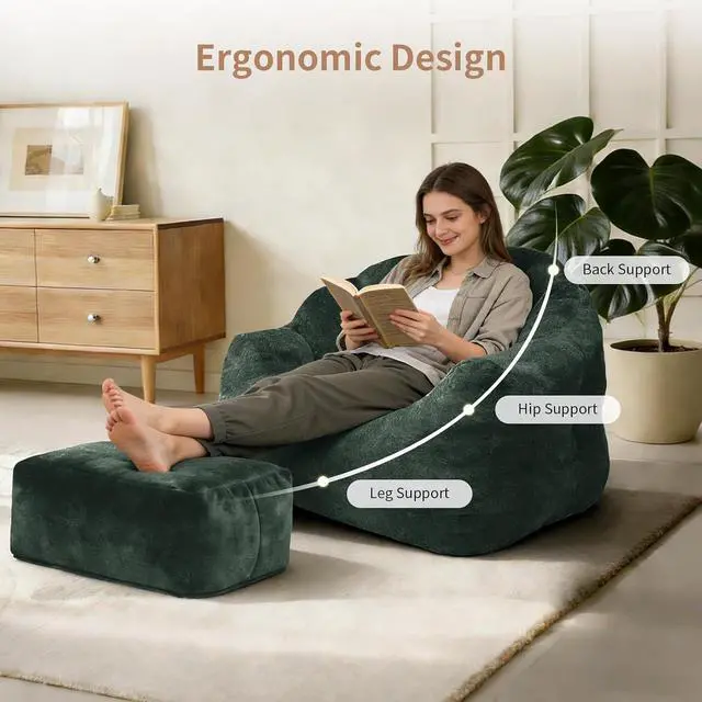 Alt view image 3 of 7 - Large Bean Bag Chair with Footrest, Armrest Lazy Floor Sofa with Ottoman, Comfy BeanBag Reading Chair with High-density Foam for Living Room, Bedroom, Apartment Gaming, Playing or Relaxing, Green