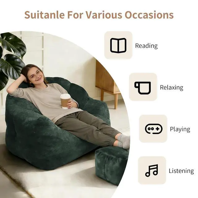 Alt view image 4 of 7 - Large Bean Bag Chair with Footrest, Armrest Lazy Floor Sofa with Ottoman, Comfy BeanBag Reading Chair with High-density Foam for Living Room, Bedroom, Apartment Gaming, Playing or Relaxing, Green