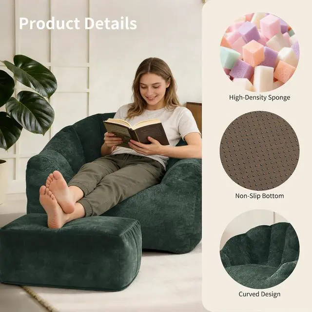 Alt view image 6 of 7 - Large Bean Bag Chair with Footrest, Armrest Lazy Floor Sofa with Ottoman, Comfy BeanBag Reading Chair with High-density Foam for Living Room, Bedroom, Apartment Gaming, Playing or Relaxing, Green