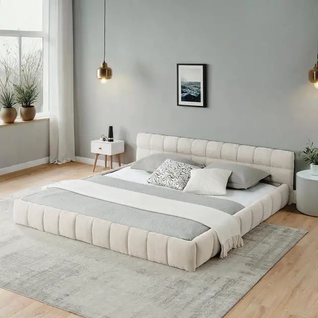 Alt view image 4 of 7 - California King Floor Bed Frame, Chenille Upholstered Platform Bed with Thick Headboard, Tufted Grounded King Bed with Solid Wooden Slats, No Box Spring Needed, Beige