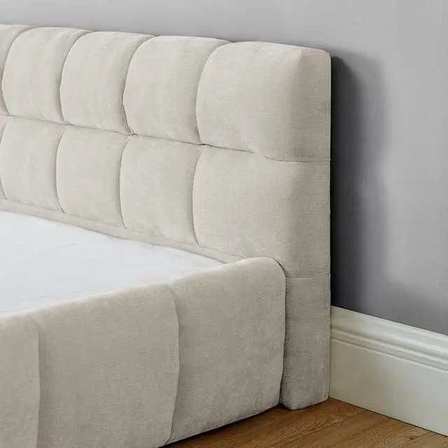 Alt view image 5 of 7 - California King Floor Bed Frame, Chenille Upholstered Platform Bed with Thick Headboard, Tufted Grounded King Bed with Solid Wooden Slats, No Box Spring Needed, Beige