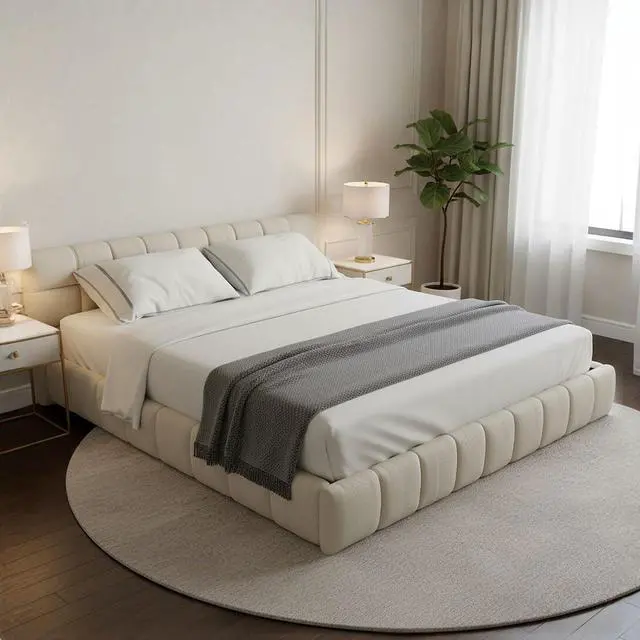 Main image of California King Floor Bed Frame, Chenille Upholstered Platform Bed with Thick Headboard, Tufted Grounded King Bed with Solid Wooden Slats, No Box Spring Needed, Beige