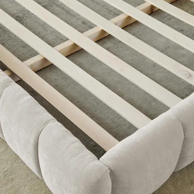 Alt view image 7 of 7 - California King Floor Bed Frame, Chenille Upholstered Platform Bed with Thick Headboard, Tufted Grounded King Bed with Solid Wooden Slats, No Box Spring Needed, Beige