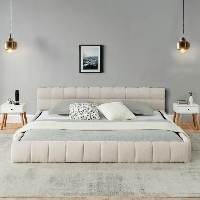 Alt view image 3 of 7 - California King Floor Bed Frame, Chenille Upholstered Platform Bed with Thick Headboard, Tufted Grounded King Bed with Solid Wooden Slats, No Box Spring Needed, Beige