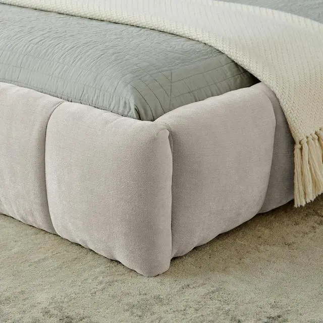 Alt view image 6 of 7 - California King Floor Bed Frame, Chenille Upholstered Platform Bed with Thick Headboard, Tufted Grounded King Bed with Solid Wooden Slats, No Box Spring Needed, Beige