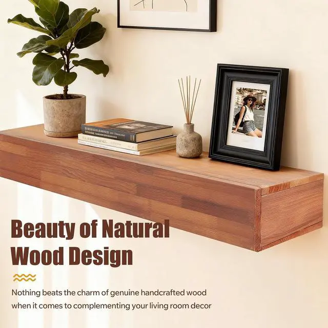 Alt view image 5 of 5 - 60" Floating Fireplace Mantel Shelf, Wall-Mounted Solid Wood Fireplace Shelf, Farmhouse Rustic Hanging Wooden Cover Over Existing Mantel for Home Living Room Decor, Light Brown
