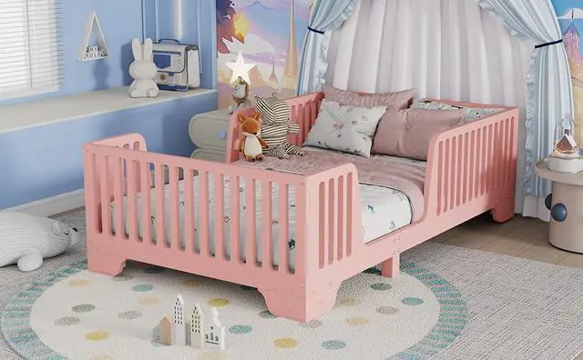 Alt view image 6 of 7 - Twin Size Floor Bed Frame with High Fence, Princess Montessori Wooden Bedframe with Doors, Boys Girls Single Bed with Safety Rail, No Box Spring Needed, Easy Assemble, Pink