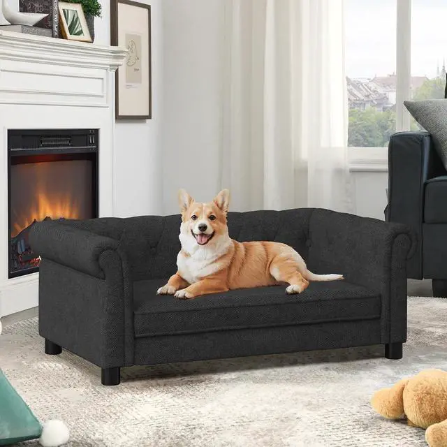 Main image of Elevated Dog Couch Bed for Medium and Large Sized Dog,Raised Pet Sofa with Washable Cushion Cover,Comfortable Linen Pet Couch,60 lbs Loading Large Sofa Chair,Black
