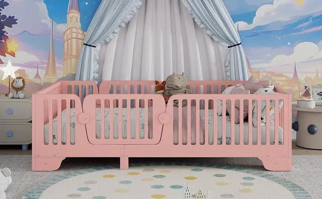 Alt view image 7 of 7 - Twin Size Floor Bed Frame with High Fence, Princess Montessori Wooden Bedframe with Doors, Boys Girls Single Bed with Safety Rail, No Box Spring Needed, Easy Assemble, Pink