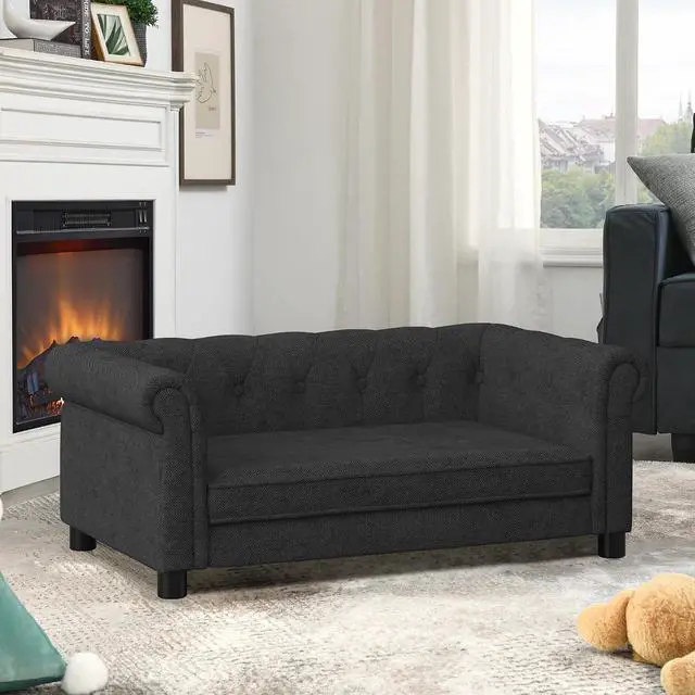 Alt view image 3 of 7 - Elevated Dog Couch Bed for Medium and Large Sized Dog,Raised Pet Sofa with Washable Cushion Cover,Comfortable Linen Pet Couch,60 lbs Loading Large Sofa Chair,Black