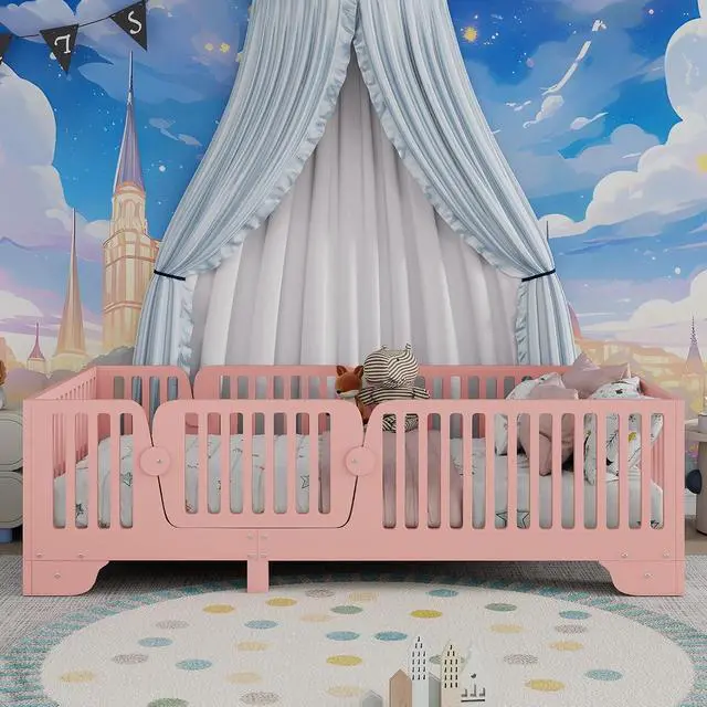 Alt view image 4 of 7 - Twin Size Floor Bed Frame with High Fence, Princess Montessori Wooden Bedframe with Doors, Boys Girls Single Bed with Safety Rail, No Box Spring Needed, Easy Assemble, Pink