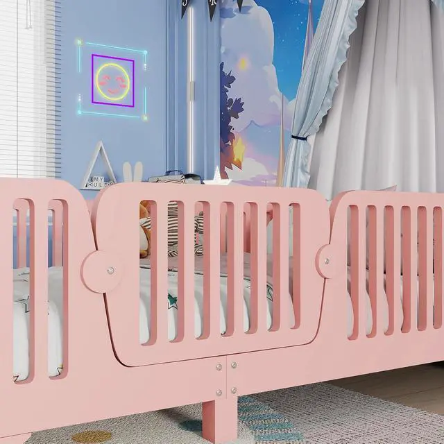 Alt view image 5 of 7 - Twin Size Floor Bed Frame with High Fence, Princess Montessori Wooden Bedframe with Doors, Boys Girls Single Bed with Safety Rail, No Box Spring Needed, Easy Assemble, Pink