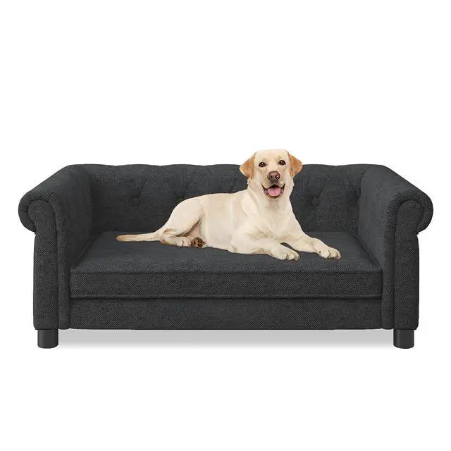 Alt view image 7 of 7 - Elevated Dog Couch Bed for Medium and Large Sized Dog,Raised Pet Sofa with Washable Cushion Cover,Comfortable Linen Pet Couch,60 lbs Loading Large Sofa Chair,Black
