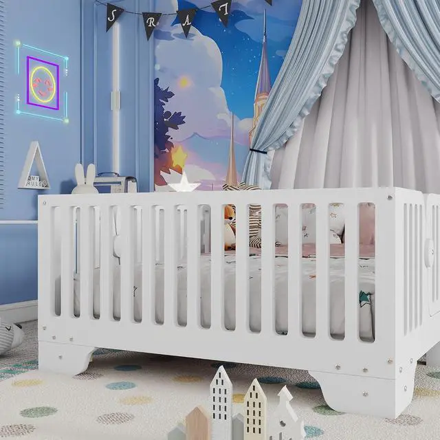 Alt view image 3 of 7 - Twin Size Floor Bed Frame with High Fence, Princess Montessori Wooden Bedframe with Doors, Boys Girls Single Bed with Safety Rail, No Box Spring Needed, Easy Assemble, White