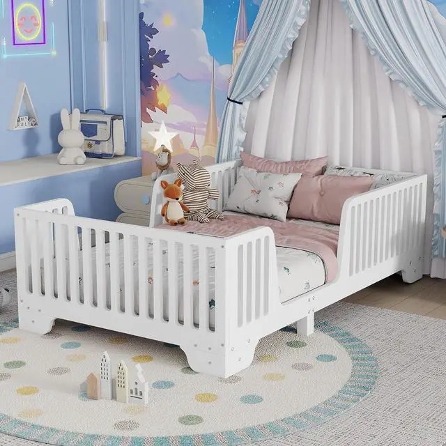 Main image of Twin Size Floor Bed Frame with High Fence, Princess Montessori Wooden Bedframe with Doors, Boys Girls Single Bed with Safety Rail, No Box Spring Needed, Easy Assemble, White