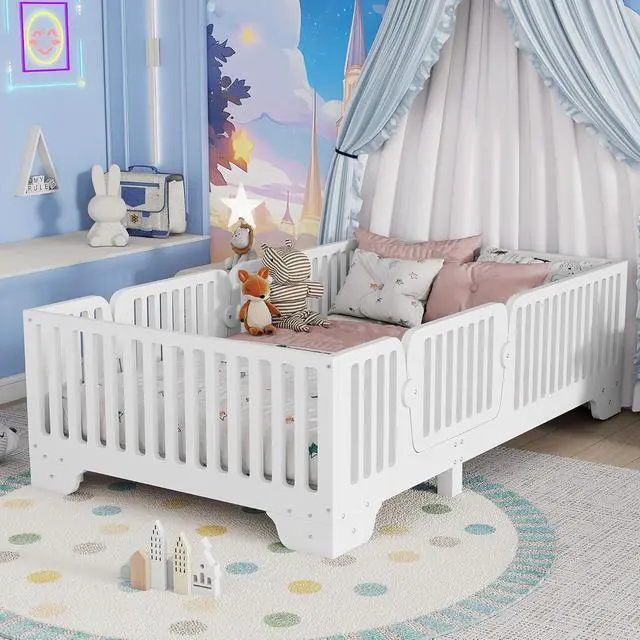 Alt view image 2 of 7 - Twin Size Floor Bed Frame with High Fence, Princess Montessori Wooden Bedframe with Doors, Boys Girls Single Bed with Safety Rail, No Box Spring Needed, Easy Assemble, White