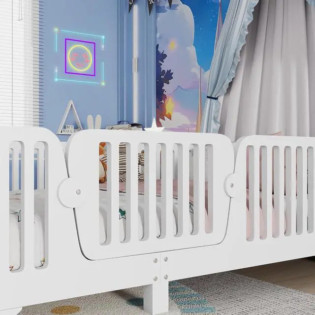 Alt view image 4 of 7 - Twin Size Floor Bed Frame with High Fence, Princess Montessori Wooden Bedframe with Doors, Boys Girls Single Bed with Safety Rail, No Box Spring Needed, Easy Assemble, White