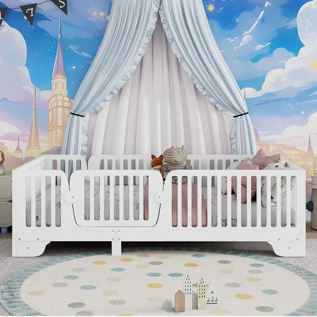 Alt view image 5 of 7 - Twin Size Floor Bed Frame with High Fence, Princess Montessori Wooden Bedframe with Doors, Boys Girls Single Bed with Safety Rail, No Box Spring Needed, Easy Assemble, White