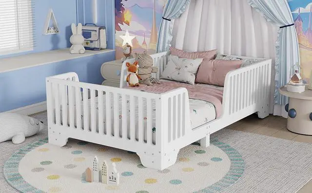 Alt view image 6 of 7 - Twin Size Floor Bed Frame with High Fence, Princess Montessori Wooden Bedframe with Doors, Boys Girls Single Bed with Safety Rail, No Box Spring Needed, Easy Assemble, White
