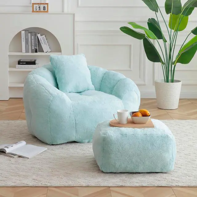 Main image of Giant Adult Bean Bag Chair with Footstool, Faux Fur Big Bean Bag Couch with Filler, Comfy Accent Floor Sofa, Stuffed Boneless Reading Chair for Living Room, Bedroom,Gaming Room,Light Blue