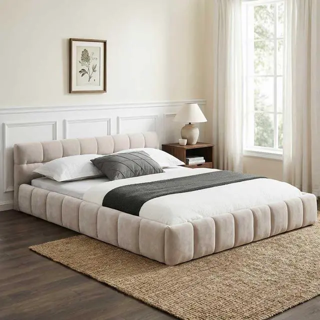 Main image of Queen Size Chenille Upholsted Bed Frame with Tufted Heaboard, Soft Cloud Platform Bed with Low Profile, Queen Floor Bed with Solid Wooden Slats, No Box Spring Needed, Beige