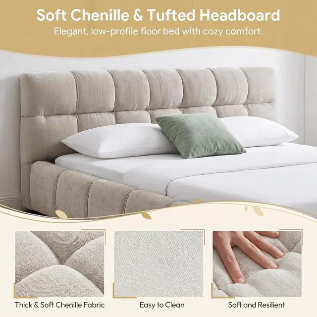 Alt view image 3 of 7 - Queen Size Chenille Upholsted Bed Frame with Tufted Heaboard, Soft Cloud Platform Bed with Low Profile, Queen Floor Bed with Solid Wooden Slats, No Box Spring Needed, Beige