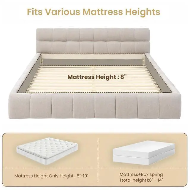 Alt view image 6 of 7 - Queen Size Chenille Upholsted Bed Frame with Tufted Heaboard, Soft Cloud Platform Bed with Low Profile, Queen Floor Bed with Solid Wooden Slats, No Box Spring Needed, Beige