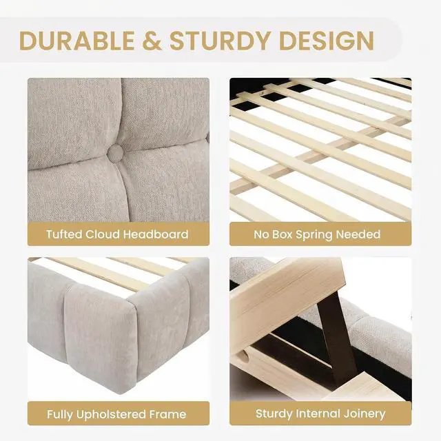 Alt view image 4 of 7 - Queen Size Chenille Upholsted Bed Frame with Tufted Heaboard, Soft Cloud Platform Bed with Low Profile, Queen Floor Bed with Solid Wooden Slats, No Box Spring Needed, Beige