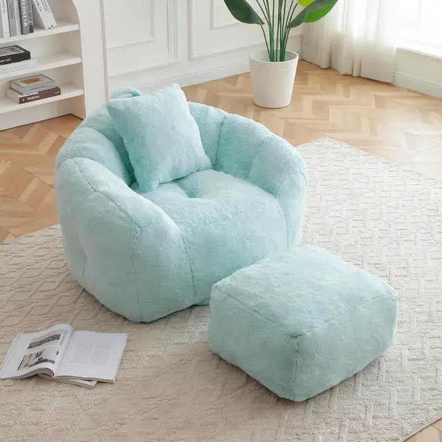 Alt view image 2 of 7 - Giant Adult Bean Bag Chair with Footstool, Faux Fur Big Bean Bag Couch with Filler, Comfy Accent Floor Sofa, Stuffed Boneless Reading Chair for Living Room, Bedroom,Gaming Room,Light Blue