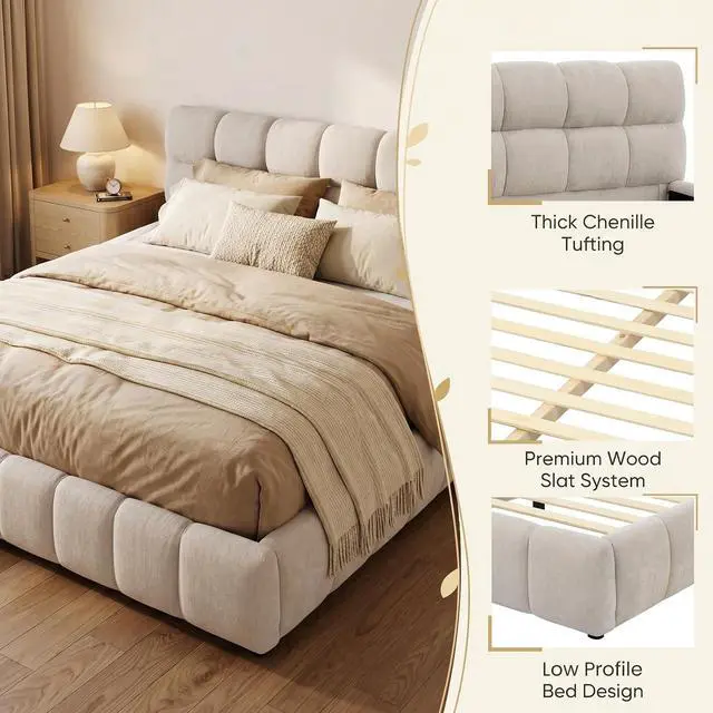 Alt view image 7 of 7 - Queen Size Chenille Upholsted Bed Frame with Tufted Heaboard, Soft Cloud Platform Bed with Low Profile, Queen Floor Bed with Solid Wooden Slats, No Box Spring Needed, Beige