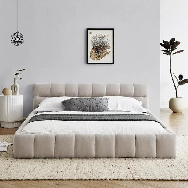 Alt view image 5 of 7 - Queen Size Chenille Upholsted Bed Frame with Tufted Heaboard, Soft Cloud Platform Bed with Low Profile, Queen Floor Bed with Solid Wooden Slats, No Box Spring Needed, Beige