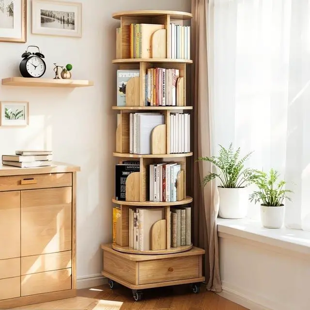 Main image of 6 Tier Wood Bookshelf, 360° Rotating Display Shelf, Round Spinning Bookcase with Drawer and Wheels,Space-Saving Book Shelves Tower for Bedroom, Living Room, Small Space, Office, Oak