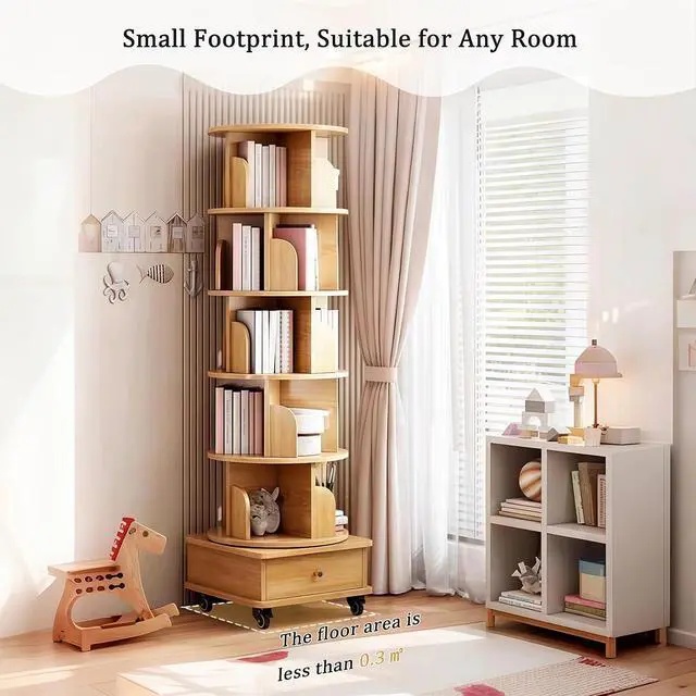 Alt view image 2 of 7 - 6 Tier Wood Bookshelf, 360° Rotating Display Shelf, Round Spinning Bookcase with Drawer and Wheels,Space-Saving Book Shelves Tower for Bedroom, Living Room, Small Space, Office, Oak