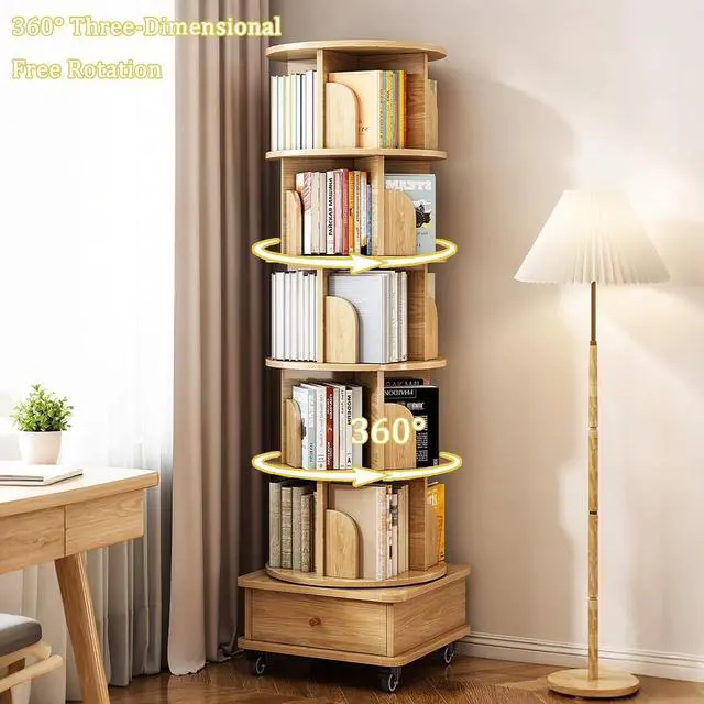 Alt view image 3 of 7 - 6 Tier Wood Bookshelf, 360° Rotating Display Shelf, Round Spinning Bookcase with Drawer and Wheels,Space-Saving Book Shelves Tower for Bedroom, Living Room, Small Space, Office, Oak