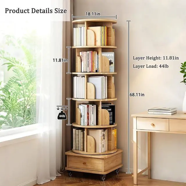 Alt view image 5 of 7 - 6 Tier Wood Bookshelf, 360° Rotating Display Shelf, Round Spinning Bookcase with Drawer and Wheels,Space-Saving Book Shelves Tower for Bedroom, Living Room, Small Space, Office, Oak