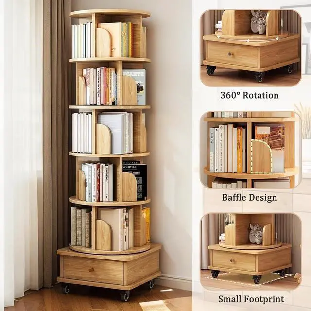 Alt view image 4 of 7 - 6 Tier Wood Bookshelf, 360° Rotating Display Shelf, Round Spinning Bookcase with Drawer and Wheels,Space-Saving Book Shelves Tower for Bedroom, Living Room, Small Space, Office, Oak
