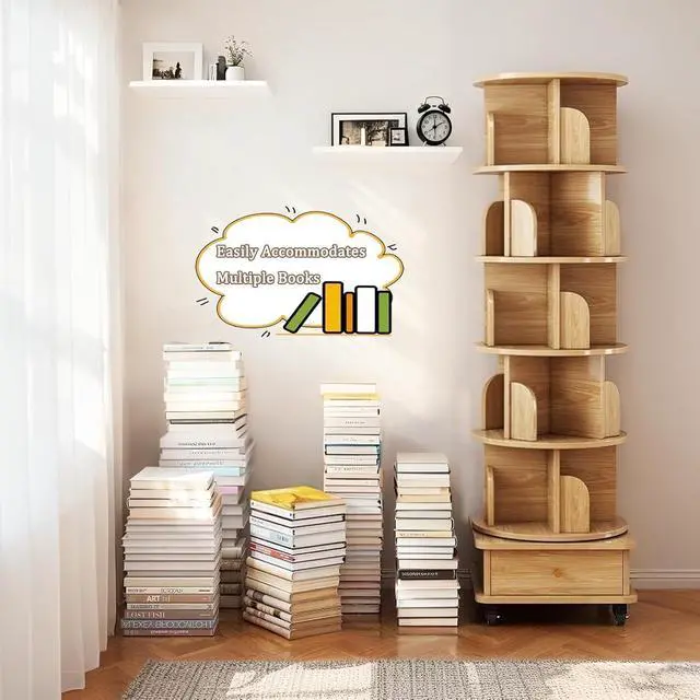 Alt view image 6 of 7 - 6 Tier Wood Bookshelf, 360° Rotating Display Shelf, Round Spinning Bookcase with Drawer and Wheels,Space-Saving Book Shelves Tower for Bedroom, Living Room, Small Space, Office, Oak