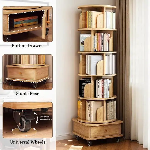 Alt view image 7 of 7 - 6 Tier Wood Bookshelf, 360° Rotating Display Shelf, Round Spinning Bookcase with Drawer and Wheels,Space-Saving Book Shelves Tower for Bedroom, Living Room, Small Space, Office, Oak