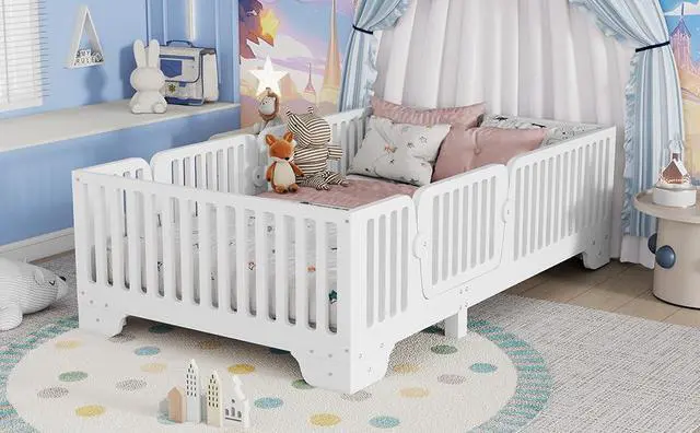 Alt view image 7 of 7 - Twin Size Floor Bed Frame with High Fence, Princess Montessori Wooden Bedframe with Doors, Boys Girls Single Bed with Safety Rail, No Box Spring Needed, Easy Assemble, White