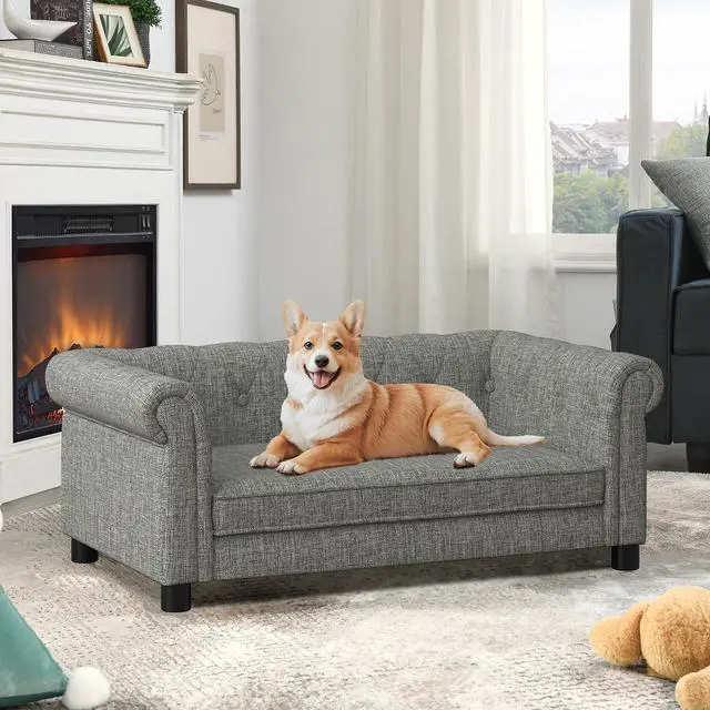 Main image of Elevated Dog Couch Bed for Medium and Large Sized Dog,Raised Pet Sofa with Washable Cushion Cover,Comfortable Linen Pet Couch,60 lbs Loading Large Sofa Chair,Light Grey