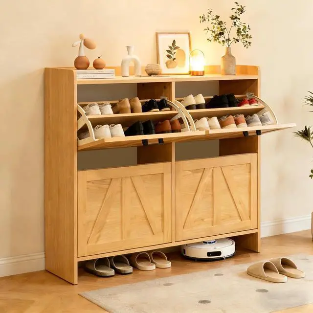 Main image of Modern Shoe Storage Cabinet with Flip-Down Drawers, Narrow Shoe Rack with Shutter Doors, Metal Handled and Bottom Storage Area, Shoe Organizer for Entryways Hallway, Foyer, Living Room, Light Oak