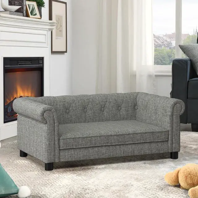 Alt view image 3 of 7 - Elevated Dog Couch Bed for Medium and Large Sized Dog,Raised Pet Sofa with Washable Cushion Cover,Comfortable Linen Pet Couch,60 lbs Loading Large Sofa Chair,Light Grey