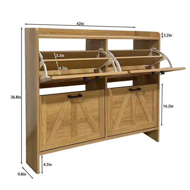 Alt view image 2 of 7 - Modern Shoe Storage Cabinet with Flip-Down Drawers, Narrow Shoe Rack with Shutter Doors, Metal Handled and Bottom Storage Area, Shoe Organizer for Entryways Hallway, Foyer, Living Room, Light Oak