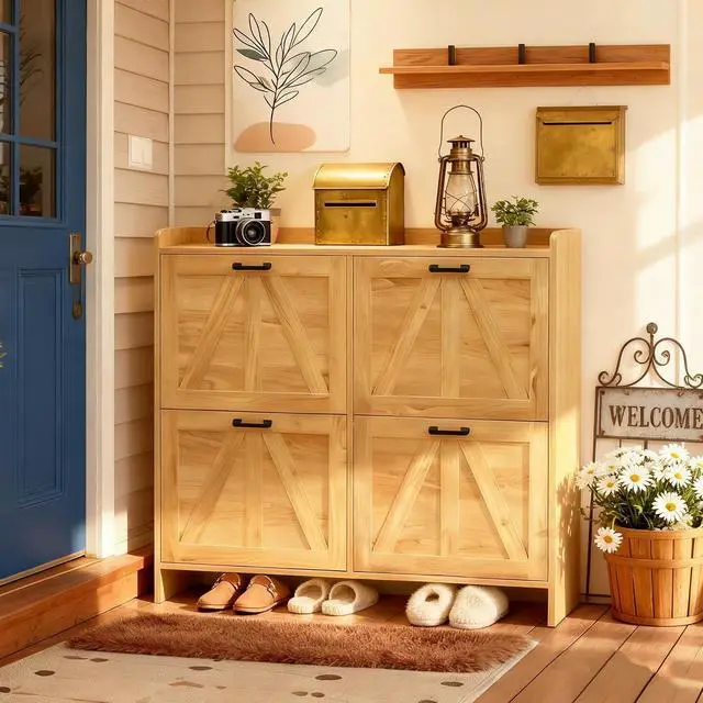 Alt view image 3 of 7 - Modern Shoe Storage Cabinet with Flip-Down Drawers, Narrow Shoe Rack with Shutter Doors, Metal Handled and Bottom Storage Area, Shoe Organizer for Entryways Hallway, Foyer, Living Room, Light Oak