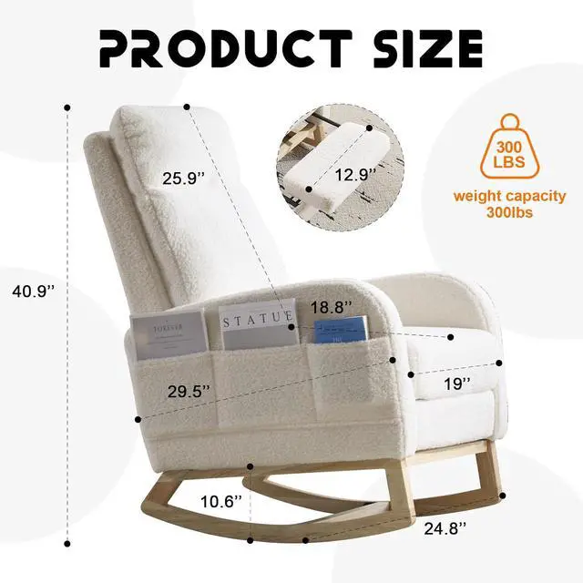 Alt view image 2 of 7 - Rocking Chair with Footrest, Teddy Upholstered Nursery Glider with Adjustable High Backrest and Solid Wood Legs, Accent Living Room Armchair with Side Pockets, Comfy Reading Lounger, White